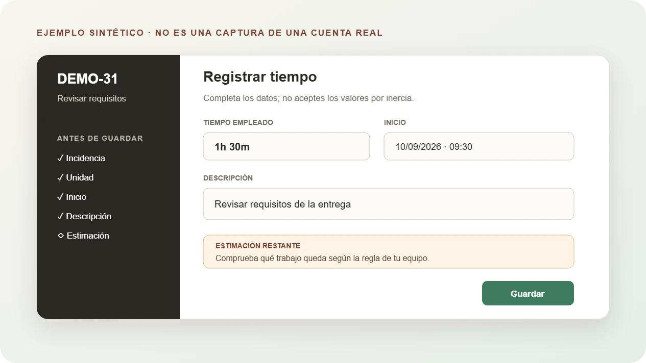 Formulario sintético para registrar tiempo en la incidencia ficticia DEMO-31