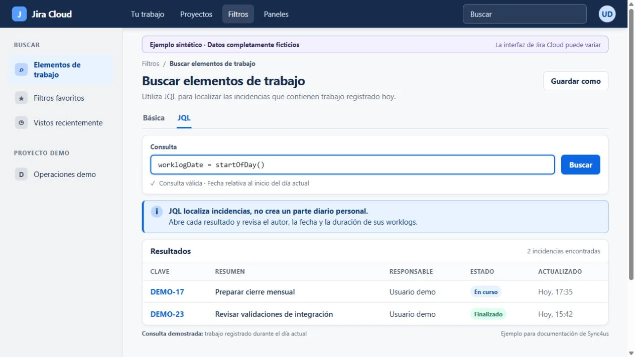 Ejemplo sintético de una búsqueda JQL de worklogs en Jira Cloud