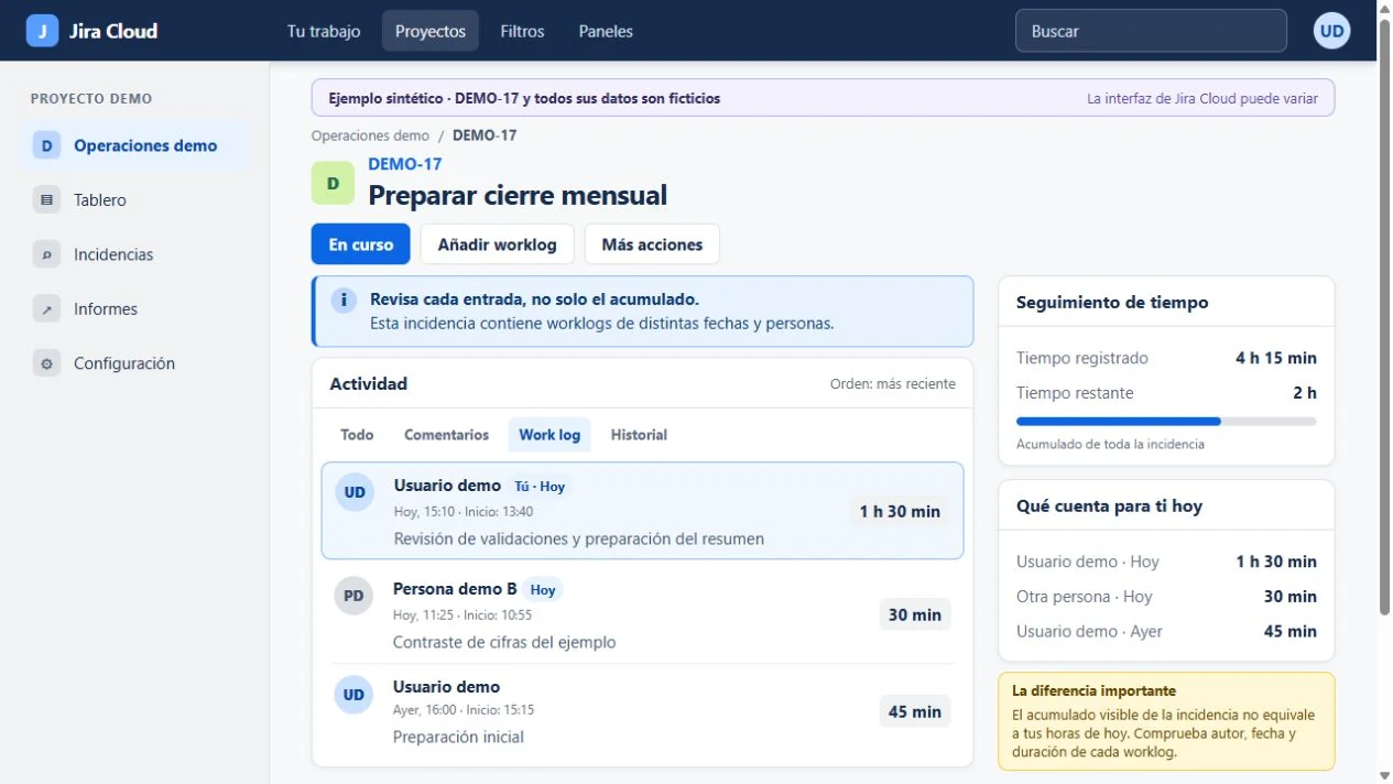Ejemplo sintético de la actividad de DEMO-17 con worklogs ficticios de hoy, ayer y otra persona